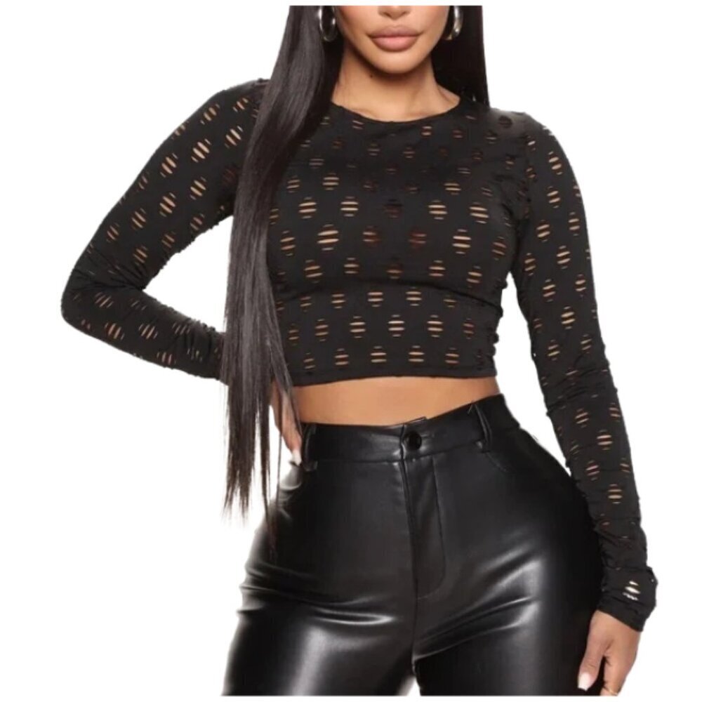 Fashion Nova Black Distressed Long Sleeve Crop Top